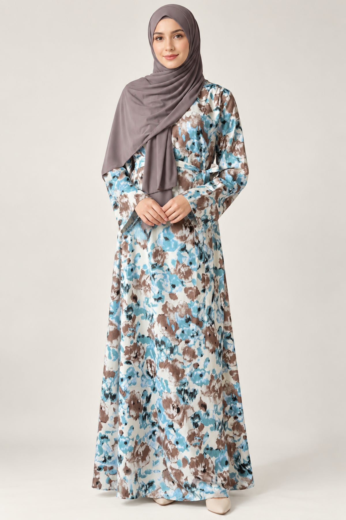 Jurk met print – blauw/bruin - vooraanzicht
