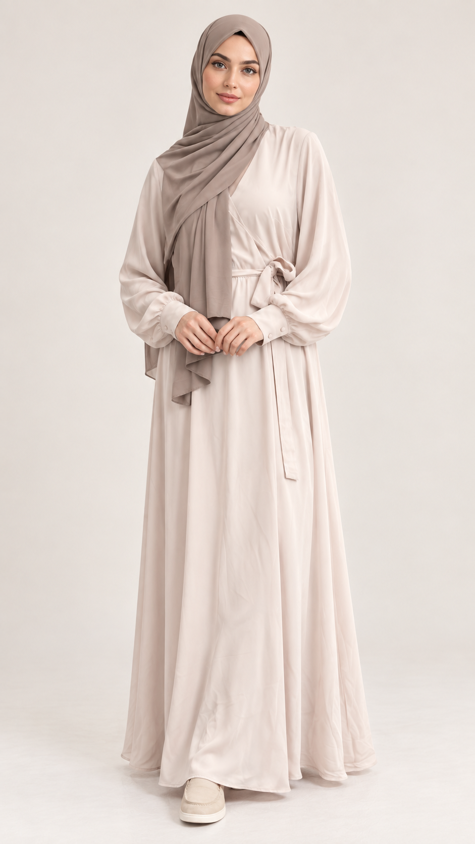 Abaya met V hals- Creme - vooraanzicht